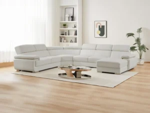 Grand canapé d'angle droit panoramique en cuir blanc