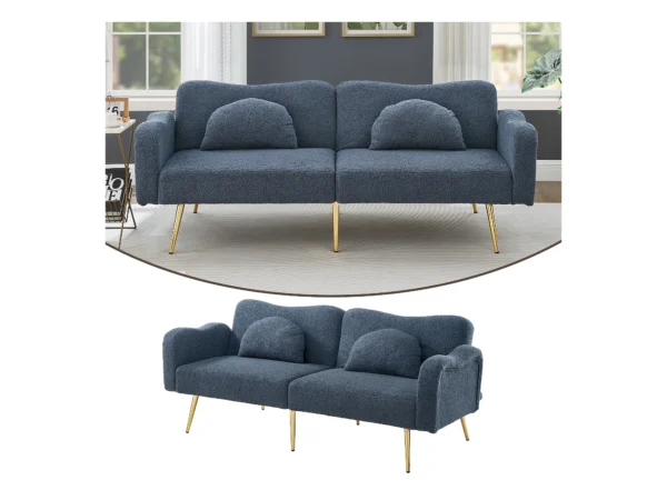 Canapé convertible 2 places - 175 x 79 x 82 cm - avec dossier réglable - velours - Bleu